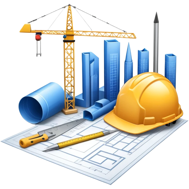 An icon featuring a blueprint, a hard hat, and construction tools, symbolizing architecture and construction. The design includes a ruler, building materials, and a skyscraper, representing the design and building process. Transparent background highlights the art and science of creating structures. emoji