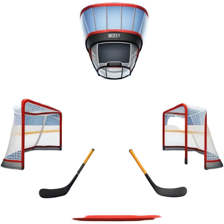 An icon showing a hockey stick, puck, skates, and goalposts on the ice. The background features a large hockey stadium with cheering fans, bright lights, and a snowy landscape visible through the arena. Transparent background highlights the main hockey equipment and atmosphere. emoji