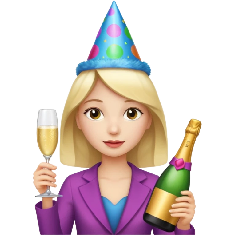 girl with Champagne bottle with party cap, only holding bottle. emoji