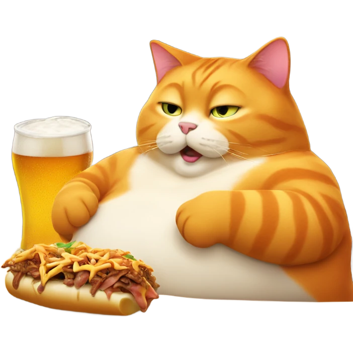 Fat orange cat leaning back eating a cheesesteak with a beer in his other paw emoji