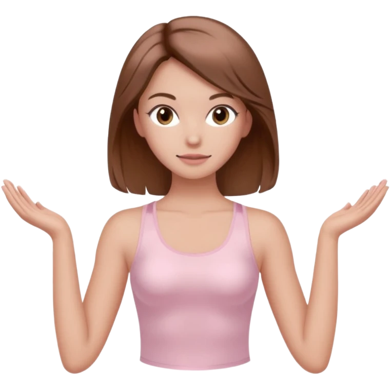 brown hair girl wearing light pink pilates clothes, silk beautiful medium hair and brown eyes, hands down emoji