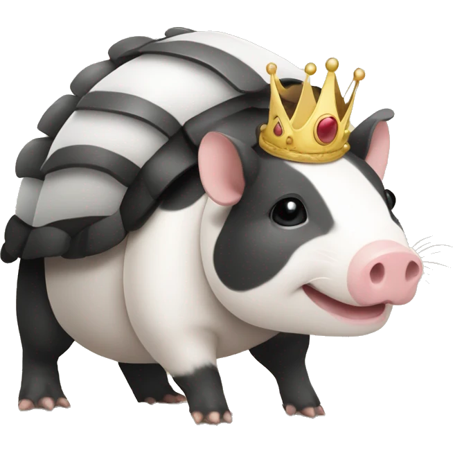 Black and white piebald chubby round armadillo pig panda centipede armadillo wearing a crown emoji