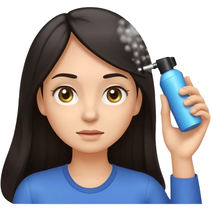 Emoji-style illustration of a woman with long dark hair, front-facing, simple rounded facial features, big expressive eyes, flat vector shading. A hand is spraying hair spray from a small aerosol can toward her hair, visible mist/spray particles in the air.  emoji