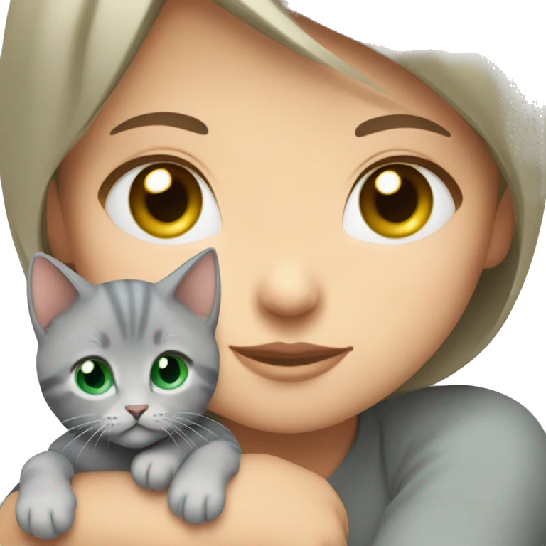 blue eyes grey kitten hugging brown short hair green eyes woman emoji