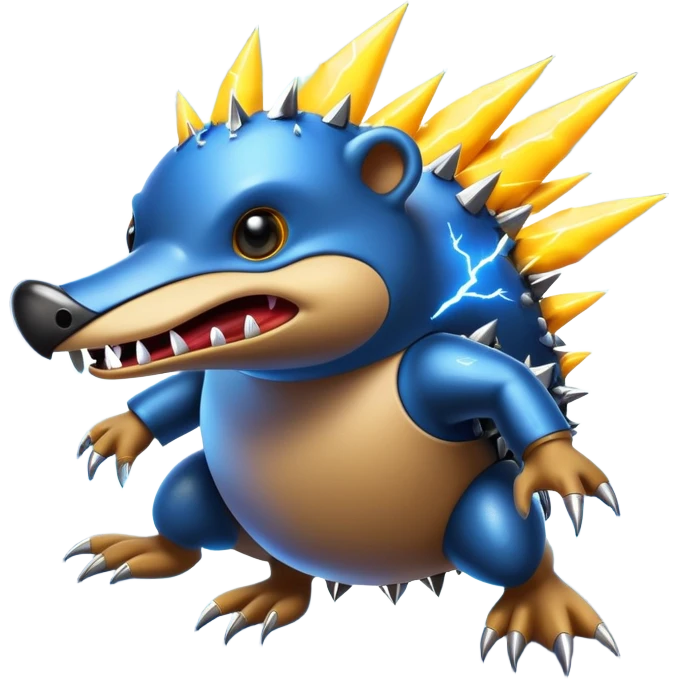 a fantastical dangerous and spooky electric platypus merged with a hedgehog with sharp teeth, metal electric spikes, and strong fangs, electricity and lightning coming, menacing look, yellow and blue lightning bolts emoji