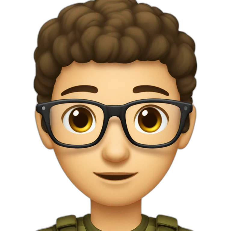 cria uma imagem de um rapaz de óculos e cabelo com corte militar castanho escuro a dar um beijo na bochecha de uma menina morena mais baixa que ele com óculos no meio de uma floresta emoji