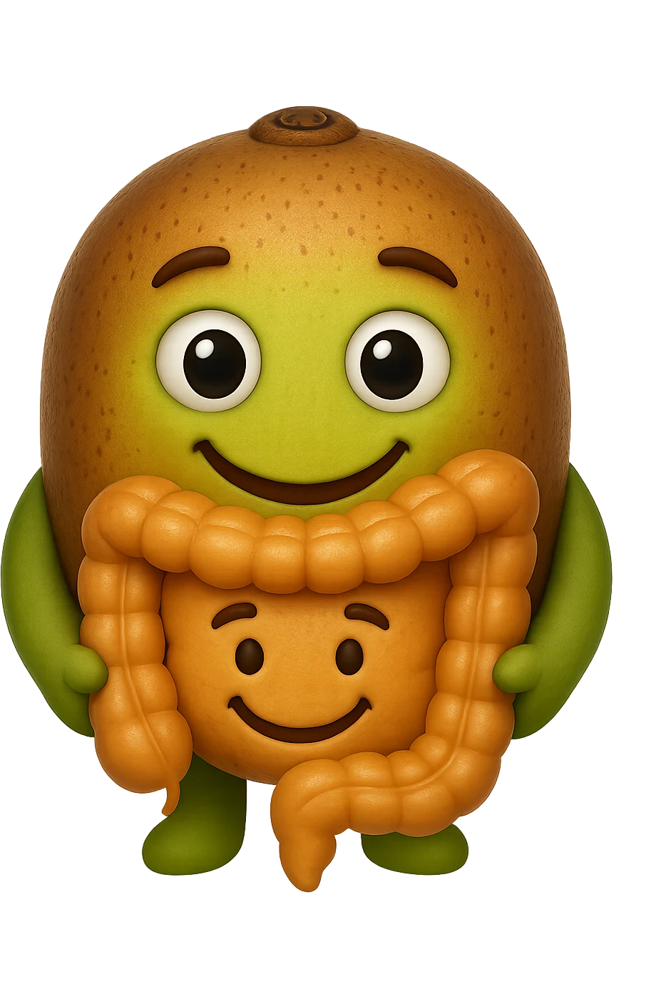 emoji stile iphone di kiwi che tengono in mano un pezzo di colon con espressione felice in volto, iperrealistico 4k emoji