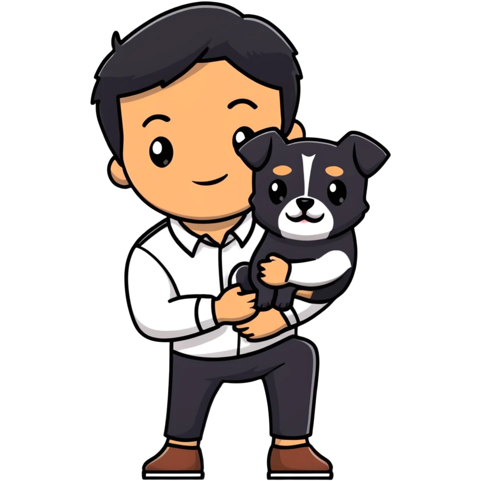 Mexican man with black hair and brown eyes wearing a shirt and black pants, holding a small white dog with one brown ear emoji