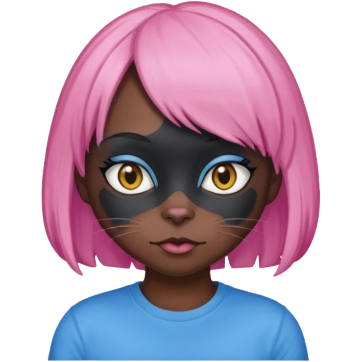 Black cat wearing a pink hair wig, blue T-shirt emoji