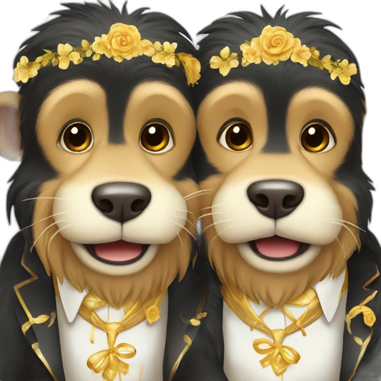 Two male monkeys celebrating their wedding accompained with their golden retriever. emoji