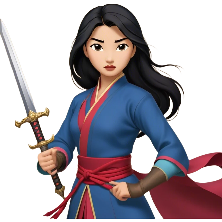 Cinematic Realistic Mulan Portrait, depicted with lifelike skin texture, soft natural lighting, and intricately detailed long black hair styled elegantly. Her deep, expressive eyes exude determination and grace, complemented by a serene yet confident expression. She stands with one hand resting on the hilt of her sword, the other by her side, exuding strength and poise. She is dressed in her classic attire, with rich fabric textures and delicate folds that catch the light beautifully. The portrait features a soft, enchanting glow with a natural, radiant finish, capturing the essence of timeless strength and beauty in a realistic and painterly style, evoking a sense of depth and authenticity. emoji