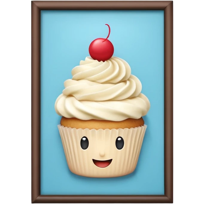 A 3D cartoon cupcake advertisement poster hanging on a wall, visible border, flat lighting, Memoji-style. emoji