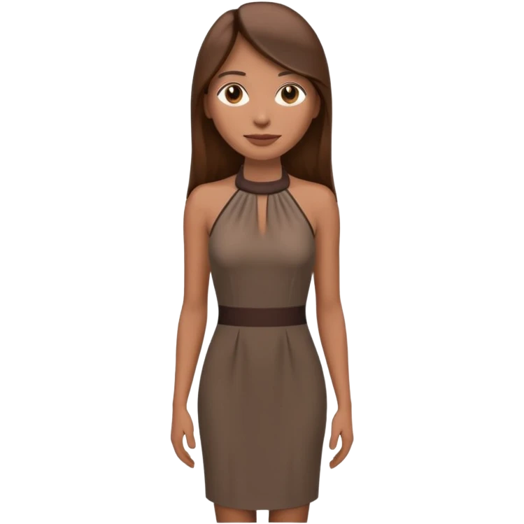 emoji-style illustration of a stylish woman with long straight brown hair, wearing a dark halter neck dress, elegant and minimalistic look, front-facing, soft 3D cartoon rendering, plain background emoji