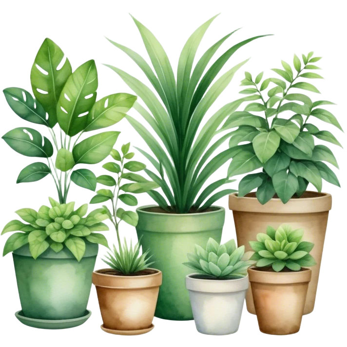 A cozy indoor garden scene with an assortment of potted plants, painted in a delicate and natural watercolor style. emoji