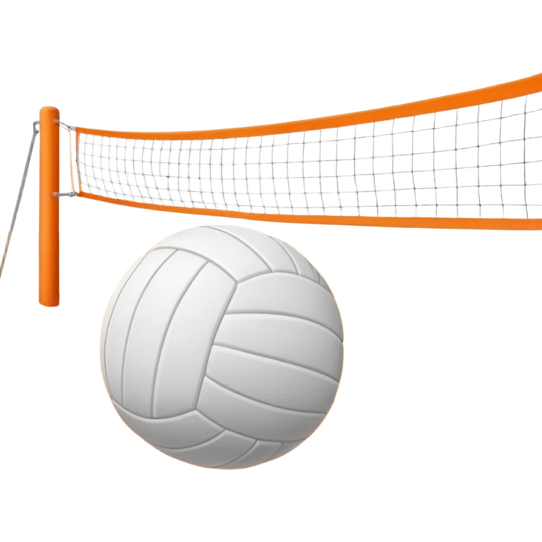 The scene captures a sunny beach atmosphere with clear blue sea and sky, palm trees swaying, and people in swimsuits enjoying the vibrant surroundings. A volleyball resting on the orange sand ground of a beach, with a volleyball net in the background.  emoji