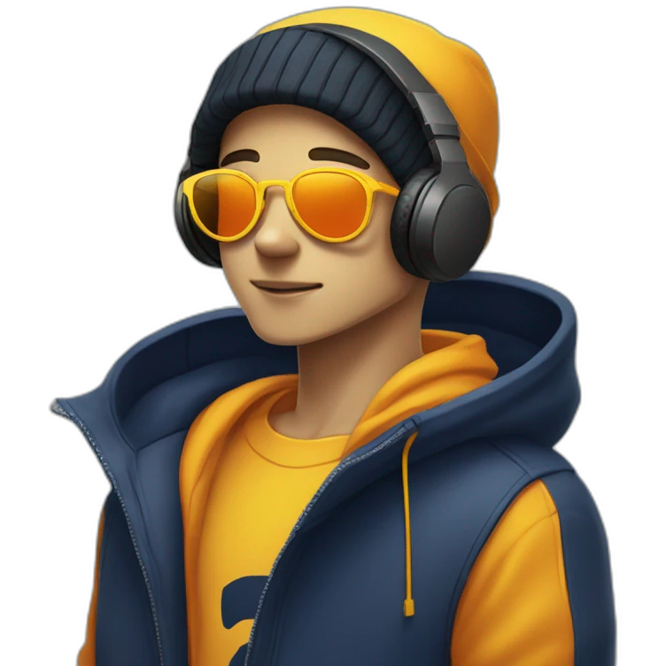 a cartoon boy with yellow skin, navy tinted sunglasses, with orange rims adn a black beanie, and a yellow hoodie and BLACK HEADPHONES!!!!!!!!!!!!!! emoji