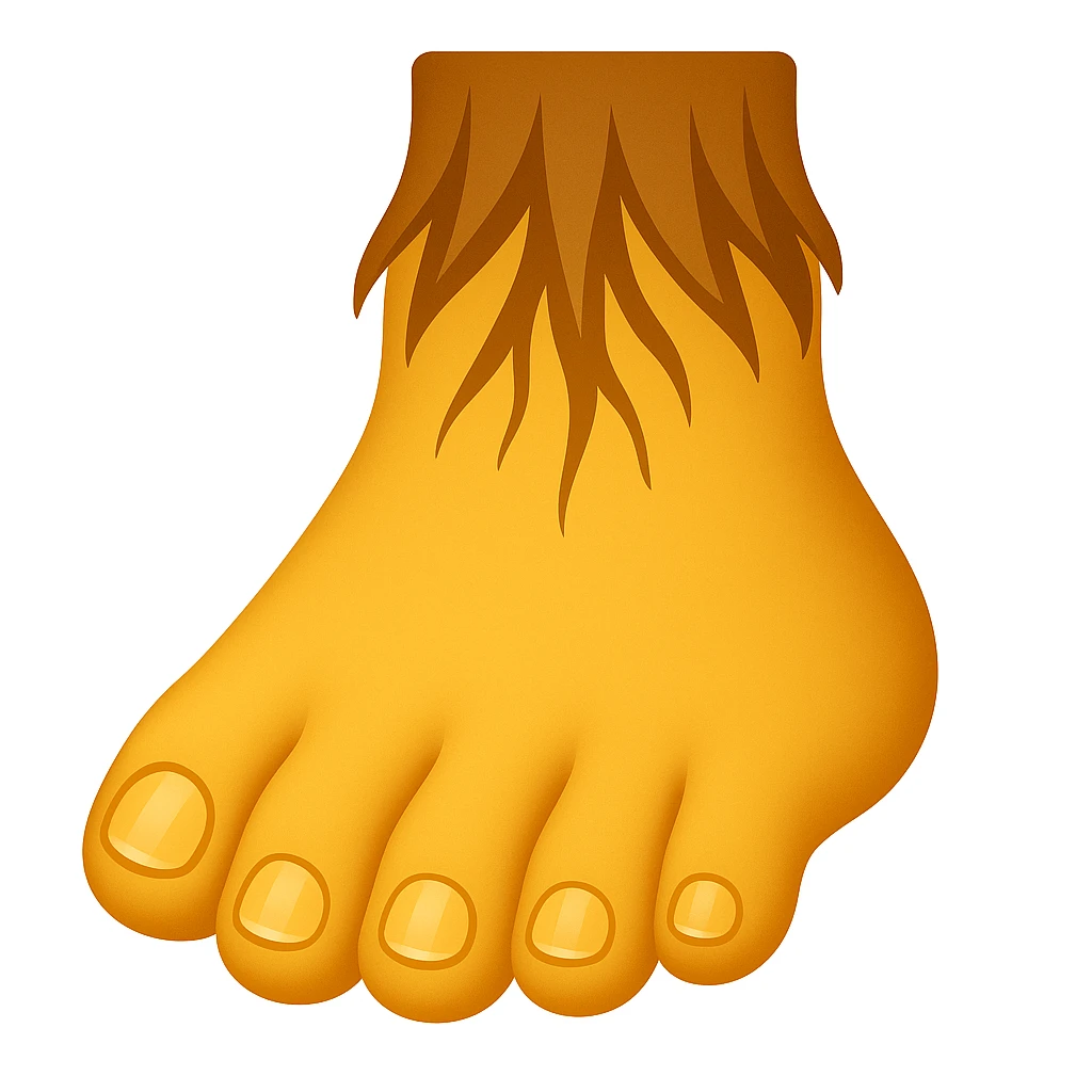 Create a single foot emoji that looks exactly like one of the feet in the reference image. Use classic emoji style with yellow color, matching the same shape and details of the foot in the reference. Add a subtle highlight to the toes. emoji