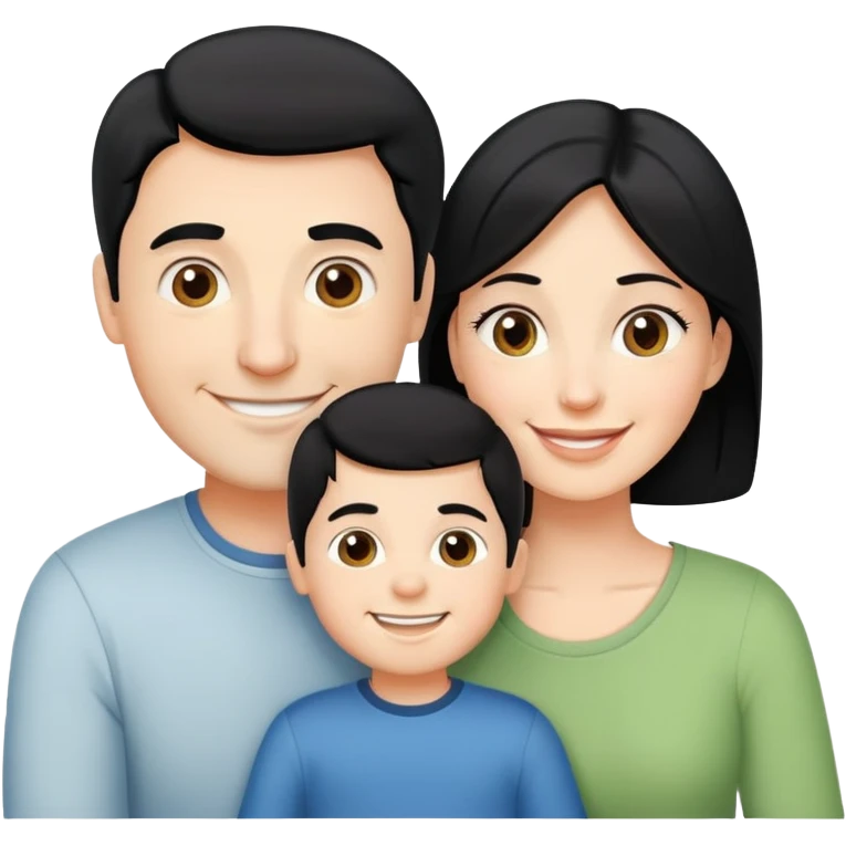 happy white family with husband with black hair, wife and one son smiling together emoji