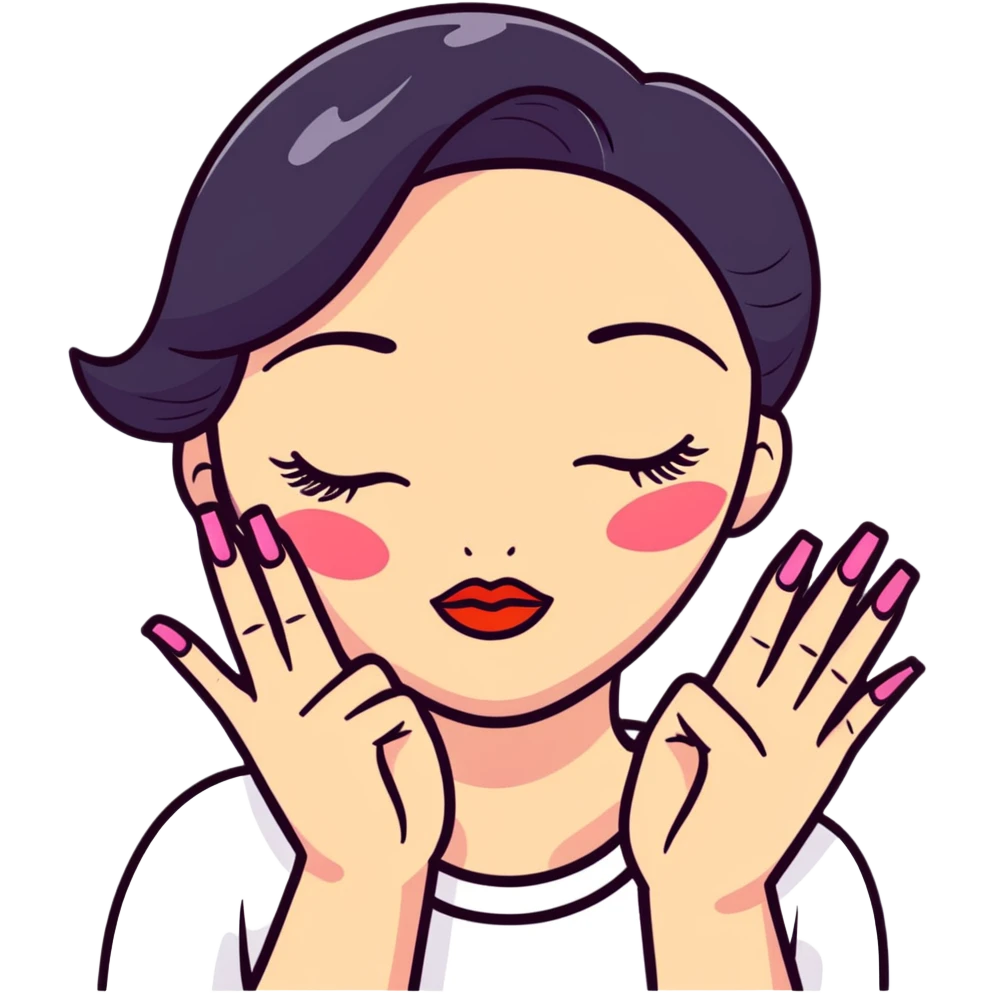 A cute face with closed eyes that form upward curved lines, eyelashes, pursed lips with lipstick, and a hand gesture with only the thumb out while other fingers are closed, all nails painted emoji