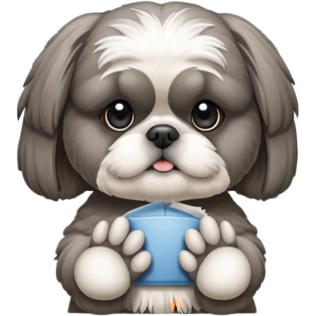cute all grey shih tzuh behind window blinds pulling them open with one paw and peeking through the slit between the blinds emoji