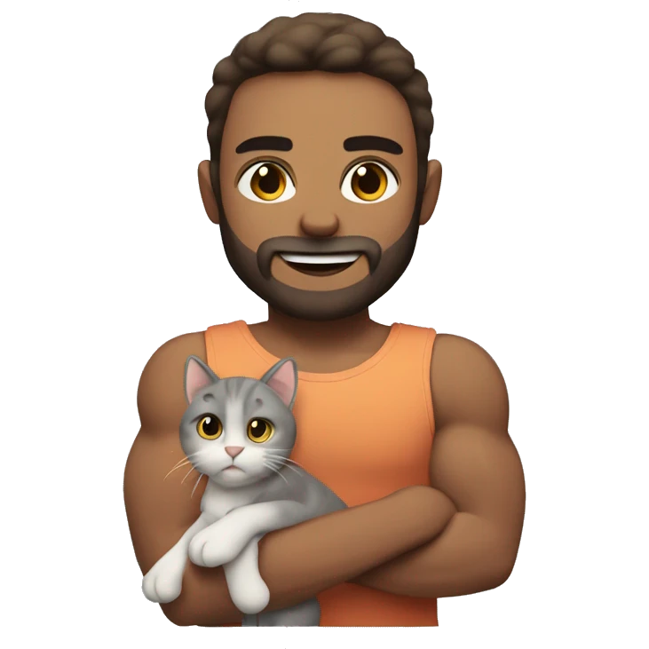 Fair boy with muscles with beard and straight hair holding a cat. Having fair white skin emoji