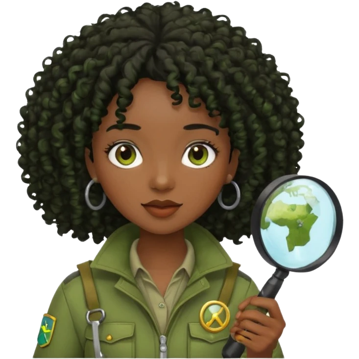 dark skin curly black haired woman in moss green explorer outfit, holding magnifying glass emoji
