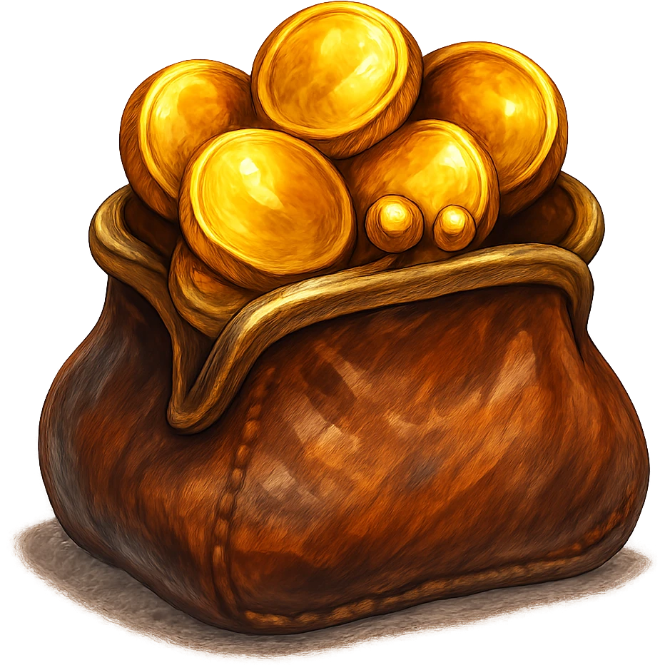 В cлегка рисованной, но при этом объемной и яркой стилистике сгенерируй картинку кожаного кошелька, из которого торчат натуральные фотореалистичные золотые монеты. Они должны выглядеть не как пластмассовые, а как настоящее золото. Прозрачный фон emoji