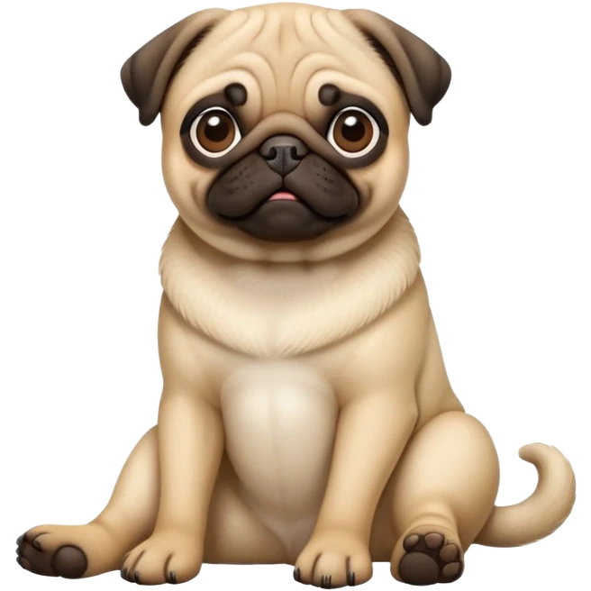 detailed-[pug]-realistic-full-body-sitting-emoji,-tail-resting-loosely-beside-its-paws,-head-tilted-dramatically, -sleek-fur,-simplified-yet-realistic-focused-features,-highly-detailed,-glowing-with-an-almost-sarcastic-glow emoji