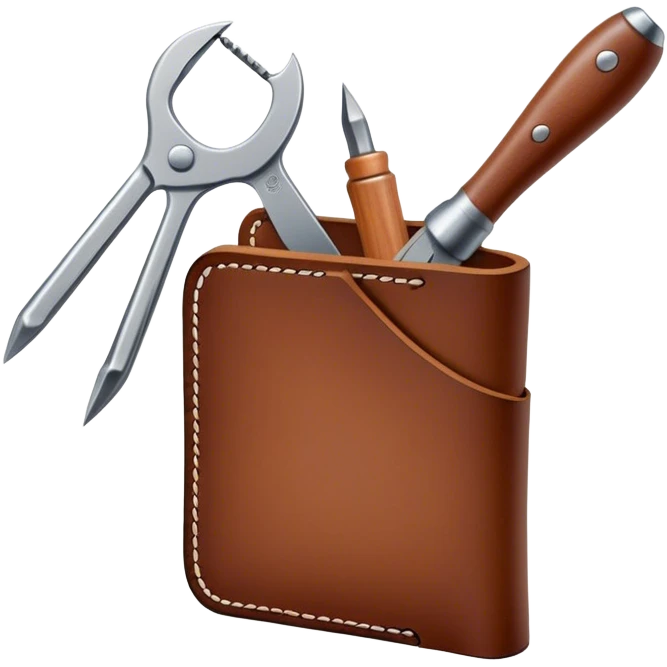 Leatherworking icon, piece of raw leather being crafted into a leather wallet or belt, professional tools like leather stitching awl, edge beveler, hammer, prying tool, minimalistic style, clean lines, transparent background. emoji
