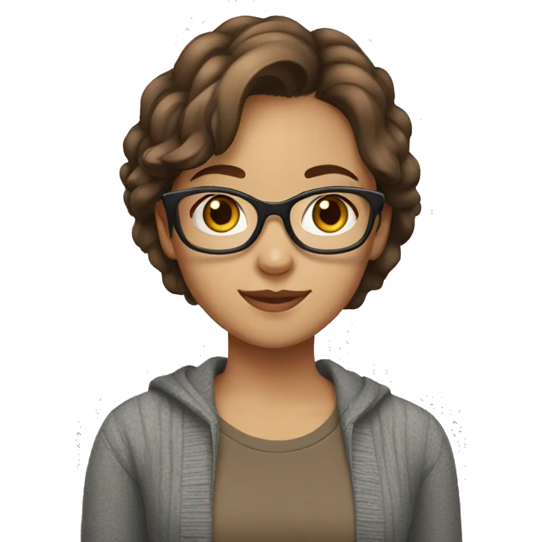 a girl with short brown hair wearing glasses and wearing a brown t-shirt covered with a gray cardigan emoji