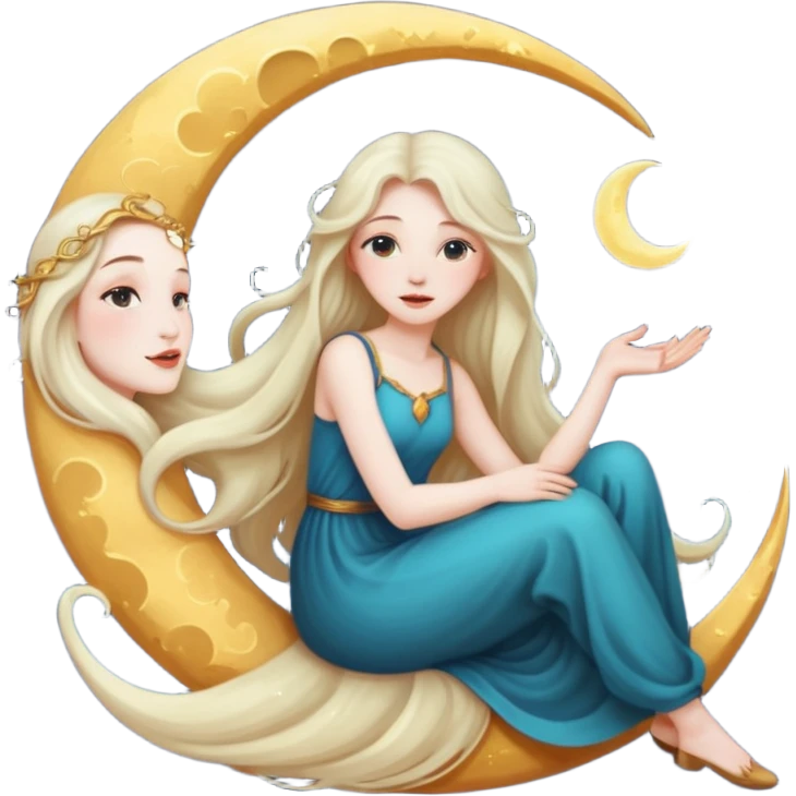 whimsical crescent moon with a woman sitting on it emoji