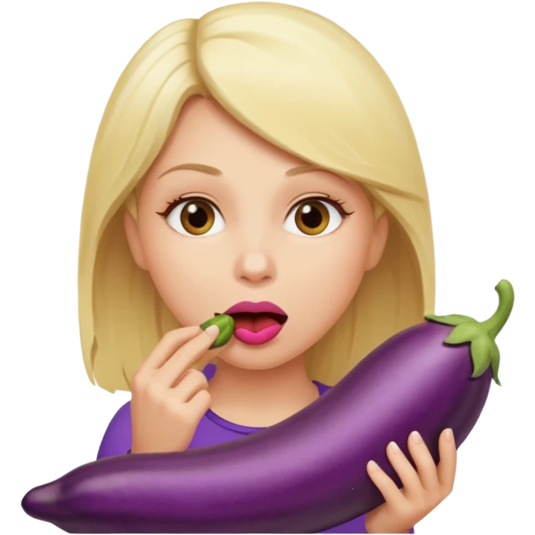 Blonde women stuffing her mouth using her hand with an eggplant emoji