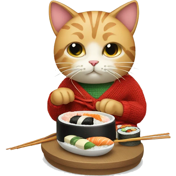 A cat wearing a sweater eating sushi  emoji