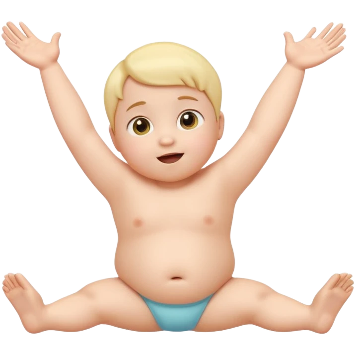 Cute 3D baby emoji with fine baby hair, stretching arms and legs wide, surprised but neutral expression, relaxed posture, chubby infant proportions, pastel colors, clean background, emoji-style illustration emoji