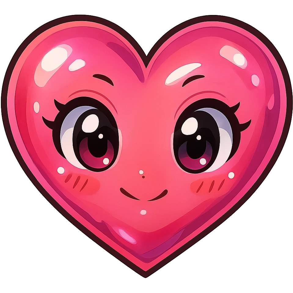 stylized anime heart with big eyes, glossy finish, vibrant pink emoji