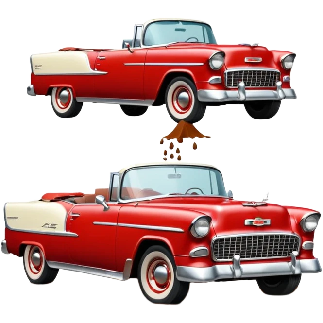 1955 Chevrolet Bel Air Convertible, Red-White color, with a bucket of brown mud pouring down on it, and the car itself is all dirty. 32x32 pixels, aspect ratio: 1:1 emoji