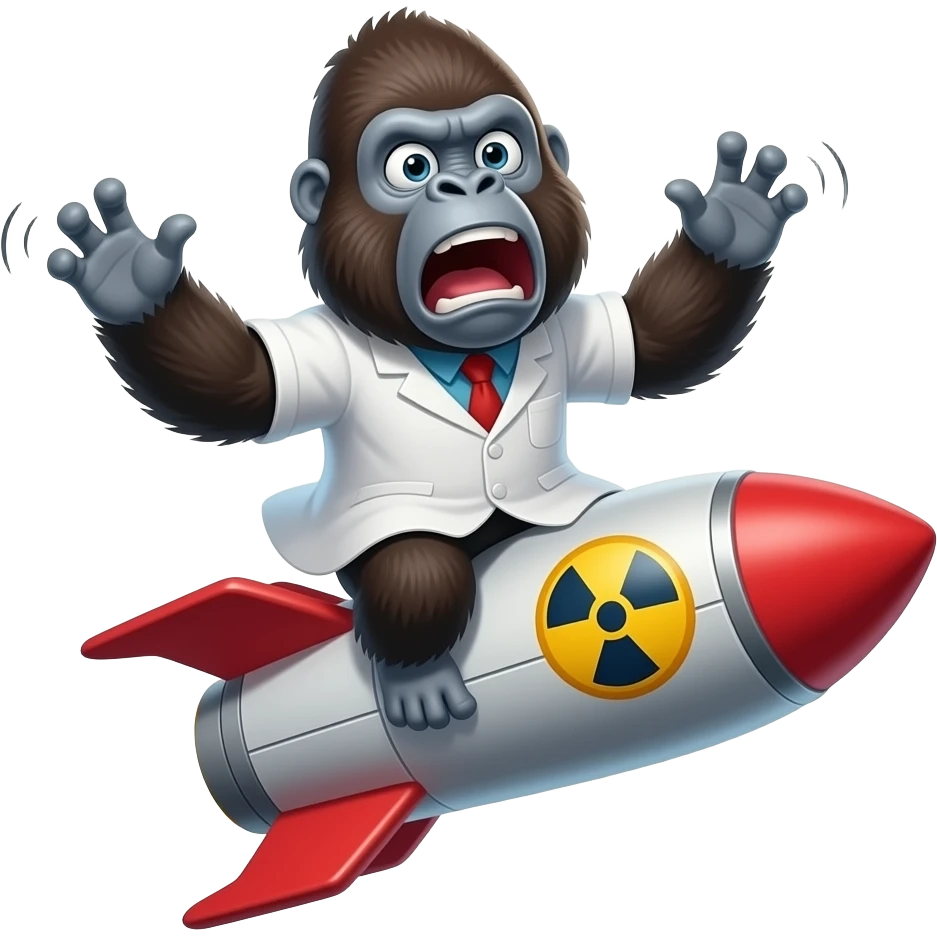 горила науковець летить на ядерній ракеті, ледь не вилітаючи з неї, шерсть розвивається вітром, вона в шоці, кричить emoji
