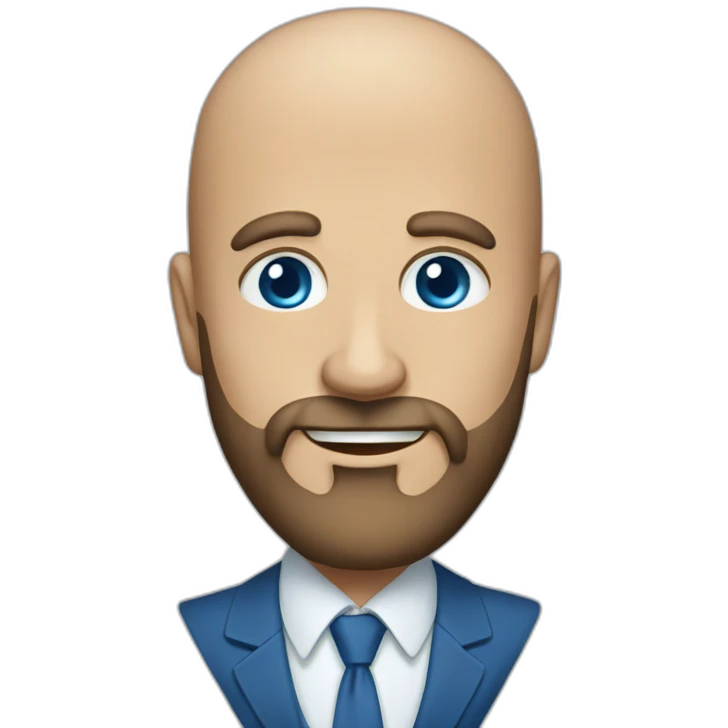 blue-eyed full smile aching bald man with a long beard in a blue suit emoji