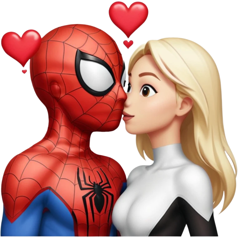 Spiderman and Spider-Gwen kissing, with hearts around them, emoji style emoji