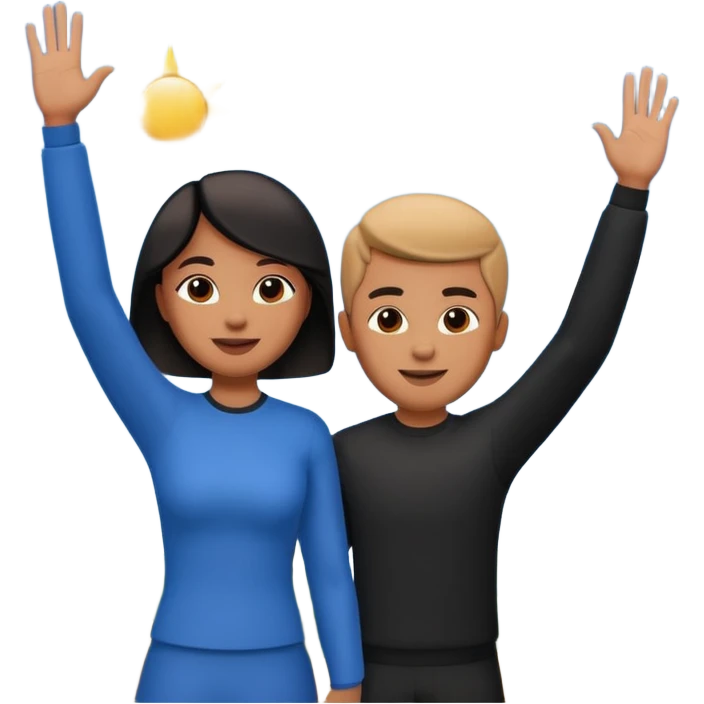 A 3D cartoon couple on top of a hill raising hands in victory, sunny sky and nature background, Memoji-style. inside photo frame. emoji