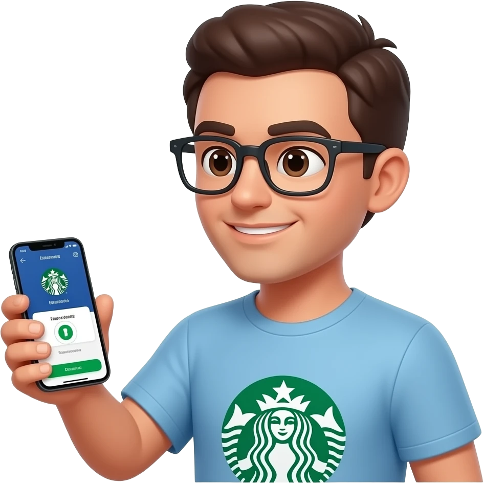 Please create a person holding their phone with looking at their loyalty points in their starbuck app on their phone emoji