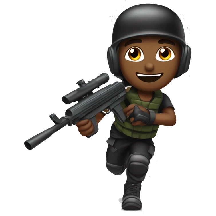 Brown skin paintball player wearing a black headband and running with a paintball gun in hand emoji