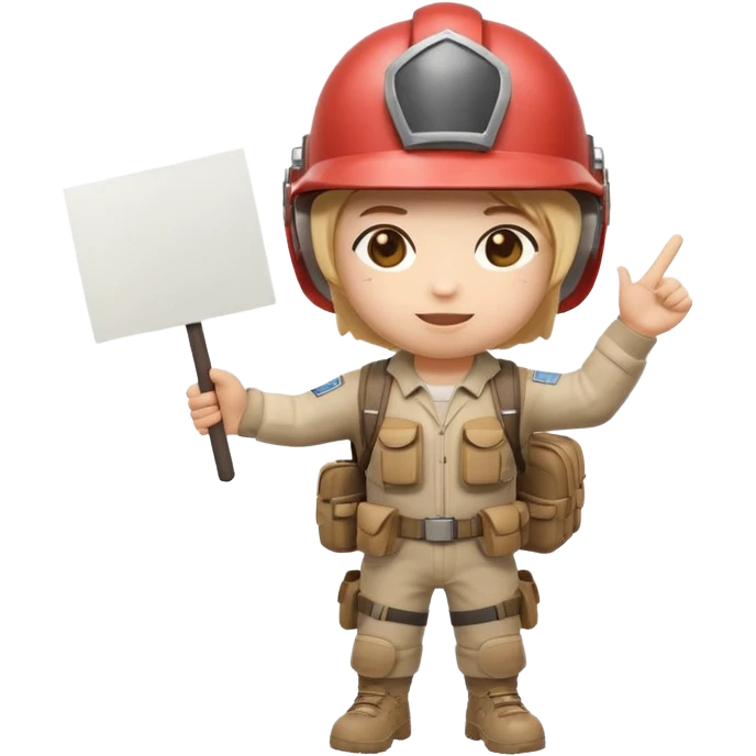 Create a cute emoji-style PUBG Mobile character, chibi version with helmet and backpack, standing in victory pose, holding a blank white sign or paper sheet in both hands in front of chest, ready for text, clean white background, simple emoji design” emoji