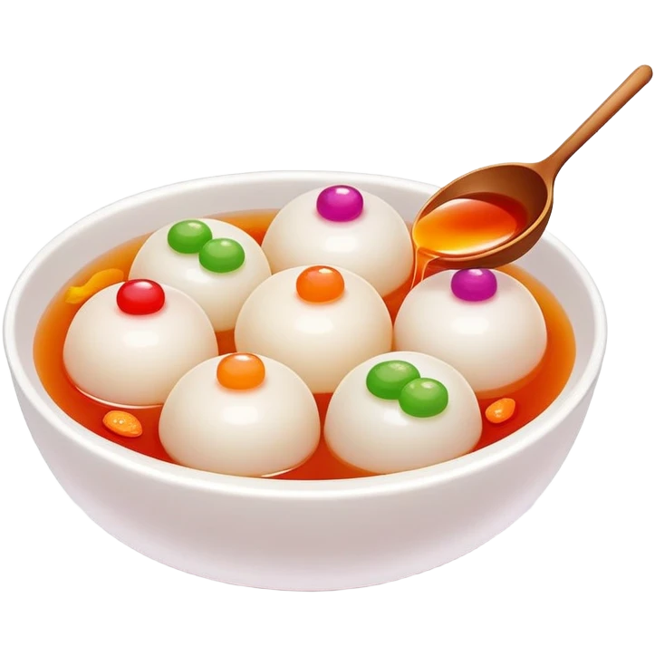 Sweet rice balls Tangyuan in syrup with colorful fillings, simplified emoji style with bold outlines and bright colors, cartoon style traditional Chinese dessert emoji