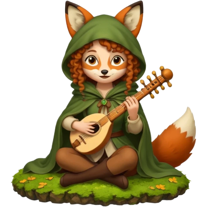 forest sticker character, woman with curly brown hair dressed as fox bard, tail cloak and ear hood, sitting on moss playing flute emoji