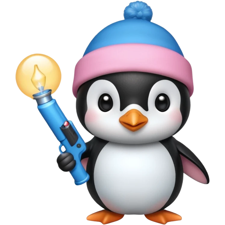 cute penguin wearing blue Christmas hat and holding light pink gun  emoji