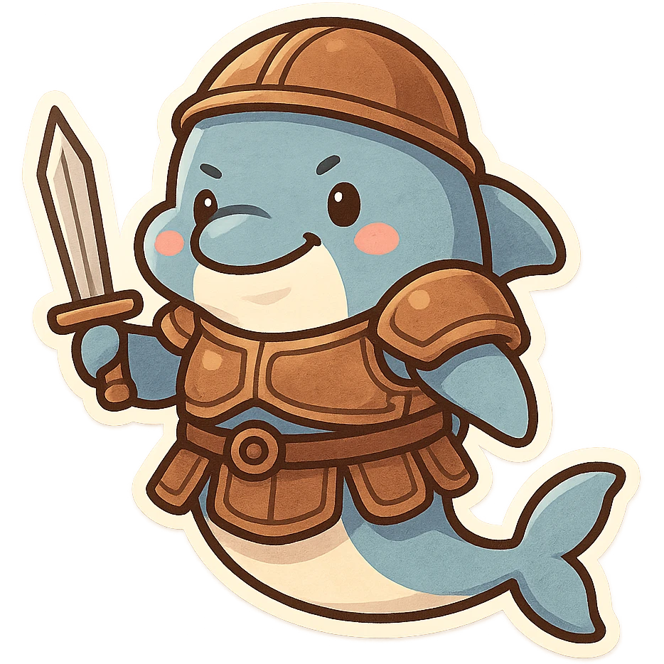 cute chibi dolphin warrior, wearing small armor, holding a small sword, confident expression, suitable for social media sticker emoji