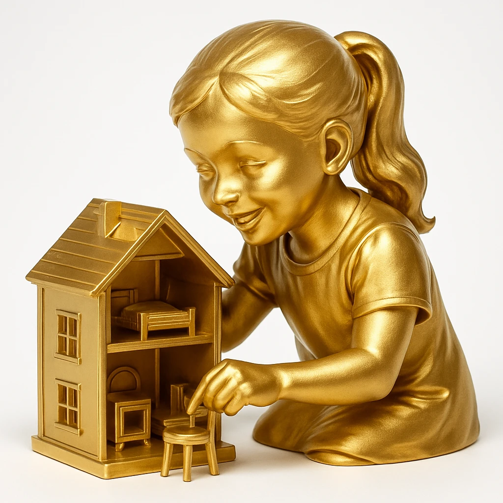 smiling girl arranging furniture in doll house emoji
