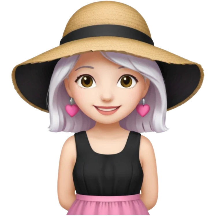 Girl in pink dress and sunhat smiling, black 2 string dress, white hair emoji