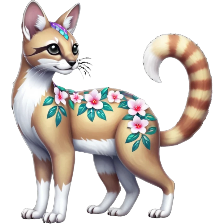 Colorful dark tropical white iridescent glorious divine exotic cute cool beautiful shiny beautiful floral fantasy-caracal-civet-genet-sergal-vernid-Cacomistle-oncilla-animal-Fakémon-hybrid-fursona (full body) emoji
